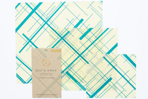 Bees Wrap 3 Pack Assorted Sizes, Small Medium Large in Geometric Teal