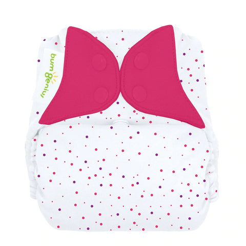 bumGenius elemental One Size All In One Organic Cotton Diaper - Countess Dot Print - Pink and purple dots with hot pink tabs