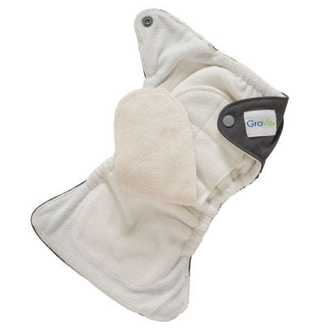 GroVia Newborn All In One Cloth Diaper - Inside Image of how the diaper works Hemp Cotton attached soaker pad top lined with a soft stay dry fleece