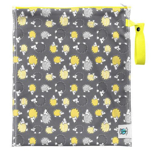 PLanet Wise Lite Medium Wet Bag, Hedgehogs Yellow and Grey Hendgehogs on bog, Yellow snap closure handle, Reusable Wet Bag for dirty diapers in the diaper bag and for changing table station