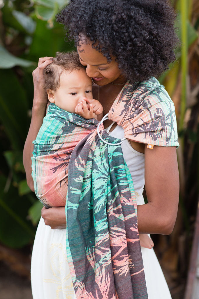 Tula Ring Sling, Seaside Miami, Green Pink and black , Palm trees and ocean waves, Tula Ring Sling Carrier, 